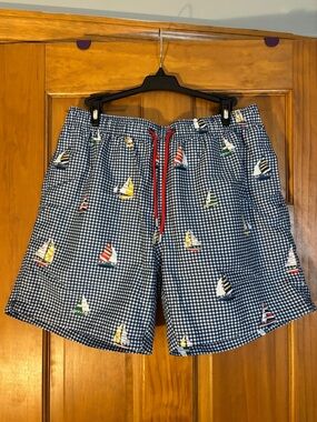 Navy Gingham Sailboat-Print Swim Trunks with Red Drawstring